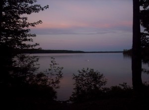 A pink-and-purple cloudset across the lake from Antlers Campsite