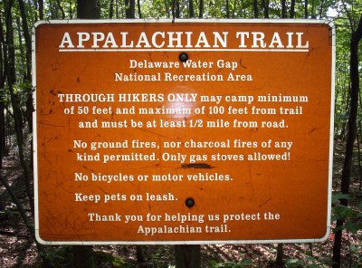 A Delaware Water Gap National Recreation Area trail sign announcing use rules