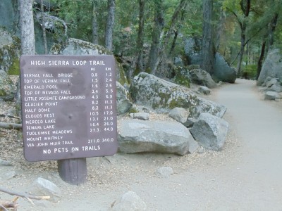 The John Muir Trail trailhead sign: 211 miles to Mount Whitney