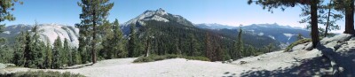 A panorama view from just off-trail, shortly before real ascent starts (and well before the surreal ascent); the view is roughly level with the mountains surrounding Yosemite Valley