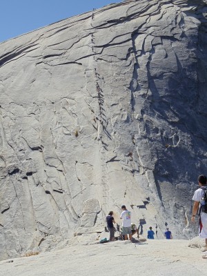 The final 400 feet of ascent up Half Dome (covering a somewhat greater horizontal distance, at angles approaching 45 degrees) require use of installed cables and wooden bracing, up which hikers must pull themselves to reach the top; the descent requires the opposite effort