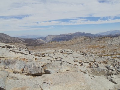 Atop Donohue Pass, covered in small granite rocks, looking south down the trail, as I recall