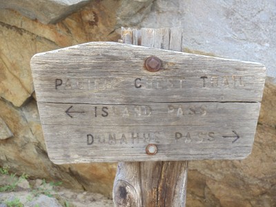 A signpost on the JMT and PCT; Island Pass where I'm heading is to the left, Donohue Pass from which I just came is to the right